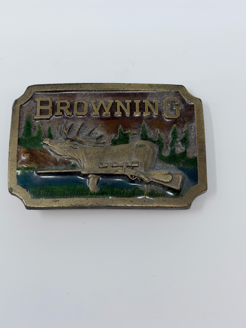 Browning Metal Belt Buckle with Green and Blue Enamel Accents